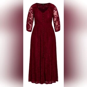🌹City Chic Red Lace Gown with V-Neck and Bishop Sleeves